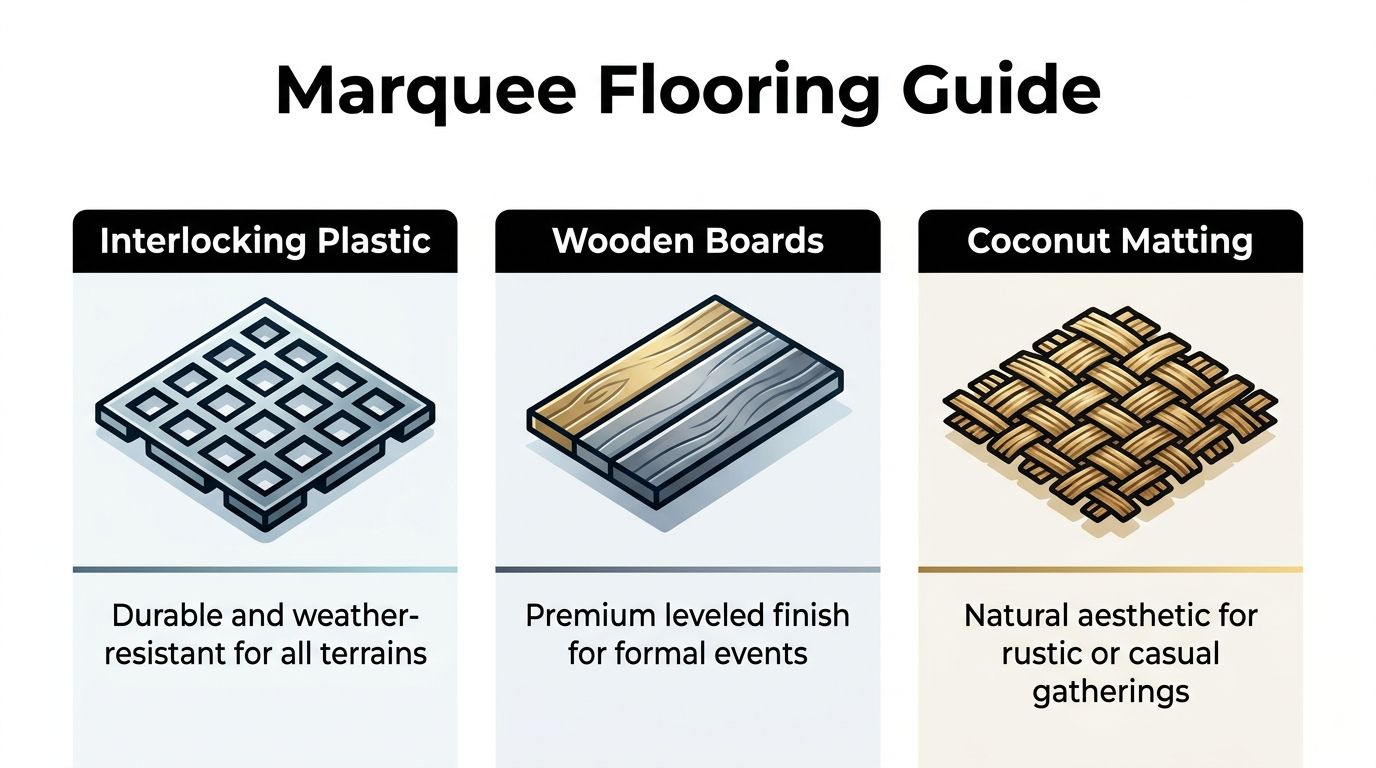 An infographic titled Marquee Flooring Guide displaying Interlocking Plastic, Wooden Boards, and Coconut Matting flooring options.