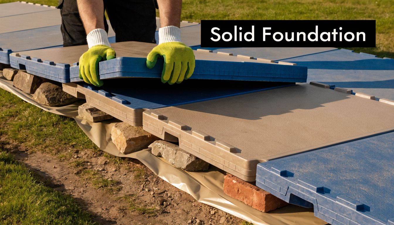 A person installing interlocking flooring tiles to create a solid foundation for a temporary outdoor marquee.