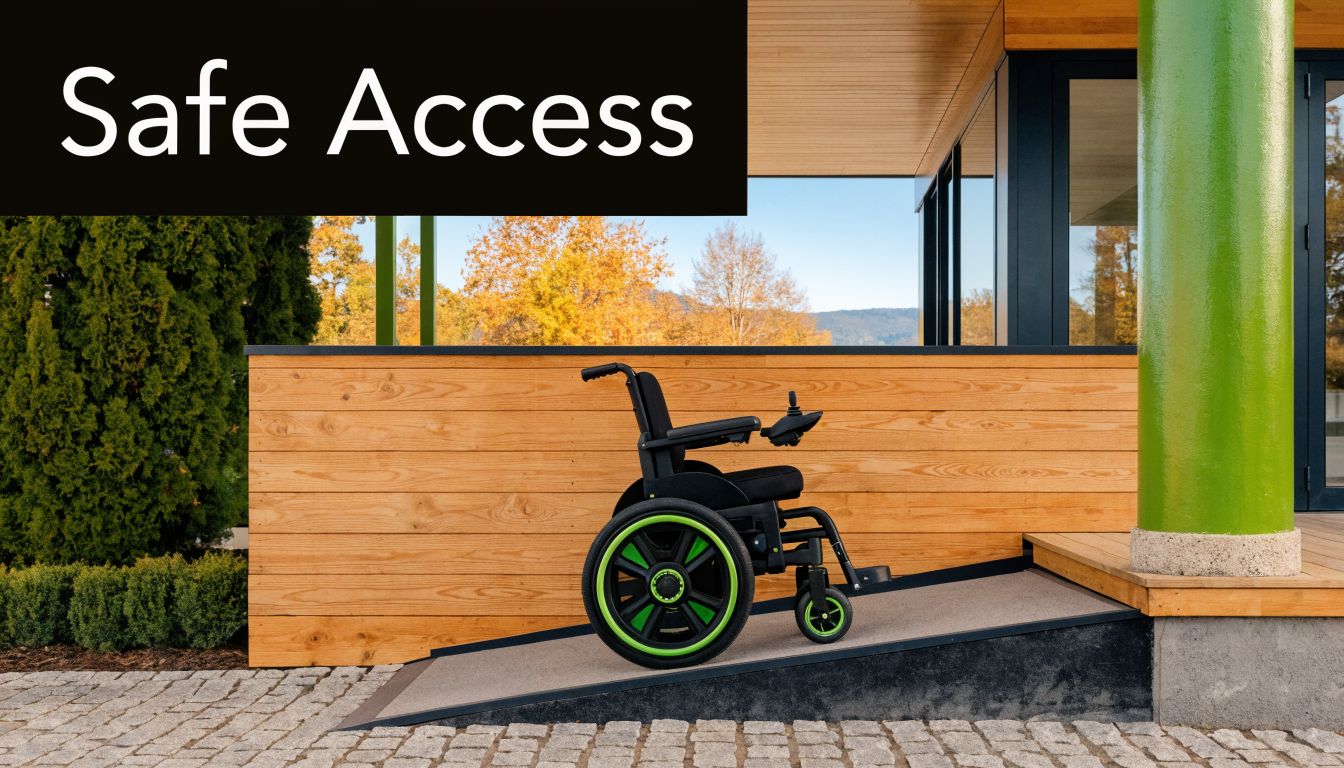 A modern electric wheelchair positioned on an accessible ramp leading up to a wooden building entrance.