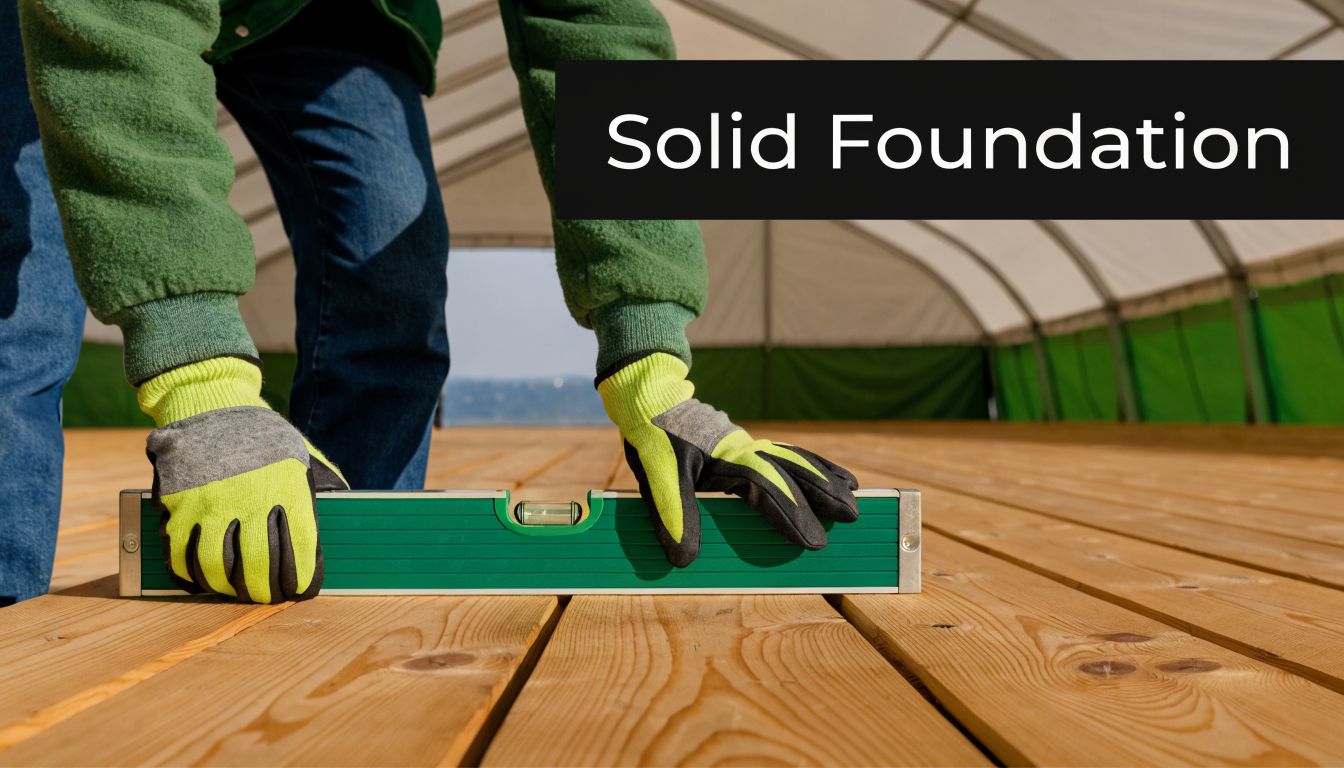 A person in work gloves using a spirit level on wooden flooring inside a construction marquee tent.