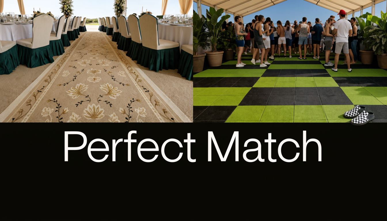 A split screen comparing a formal carpeted event aisle with a casual checkered dance floor under a marquee.