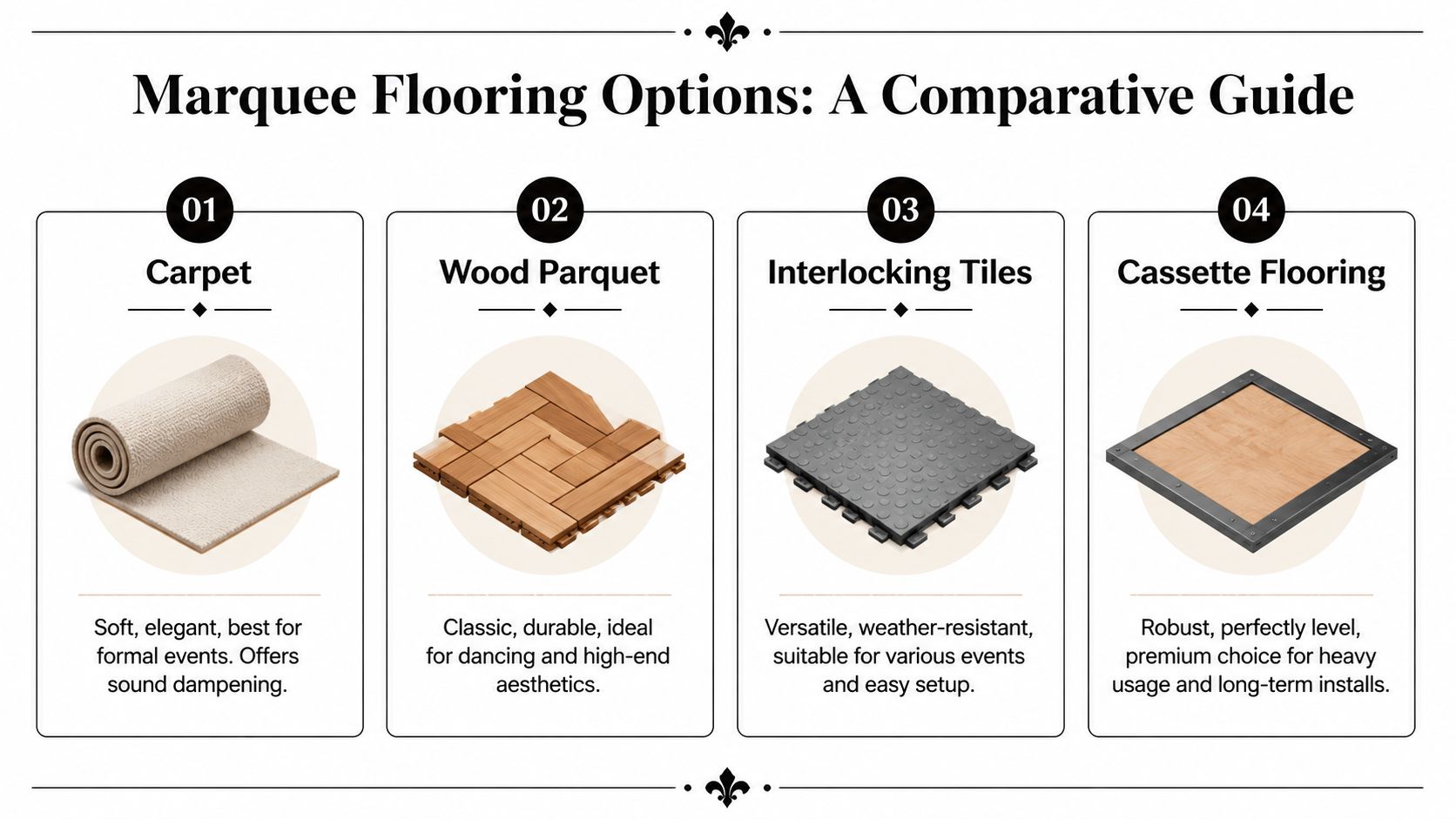 A comparison guide for different marquee flooring options including carpet, wood parquet, interlocking tiles, and cassette flooring.