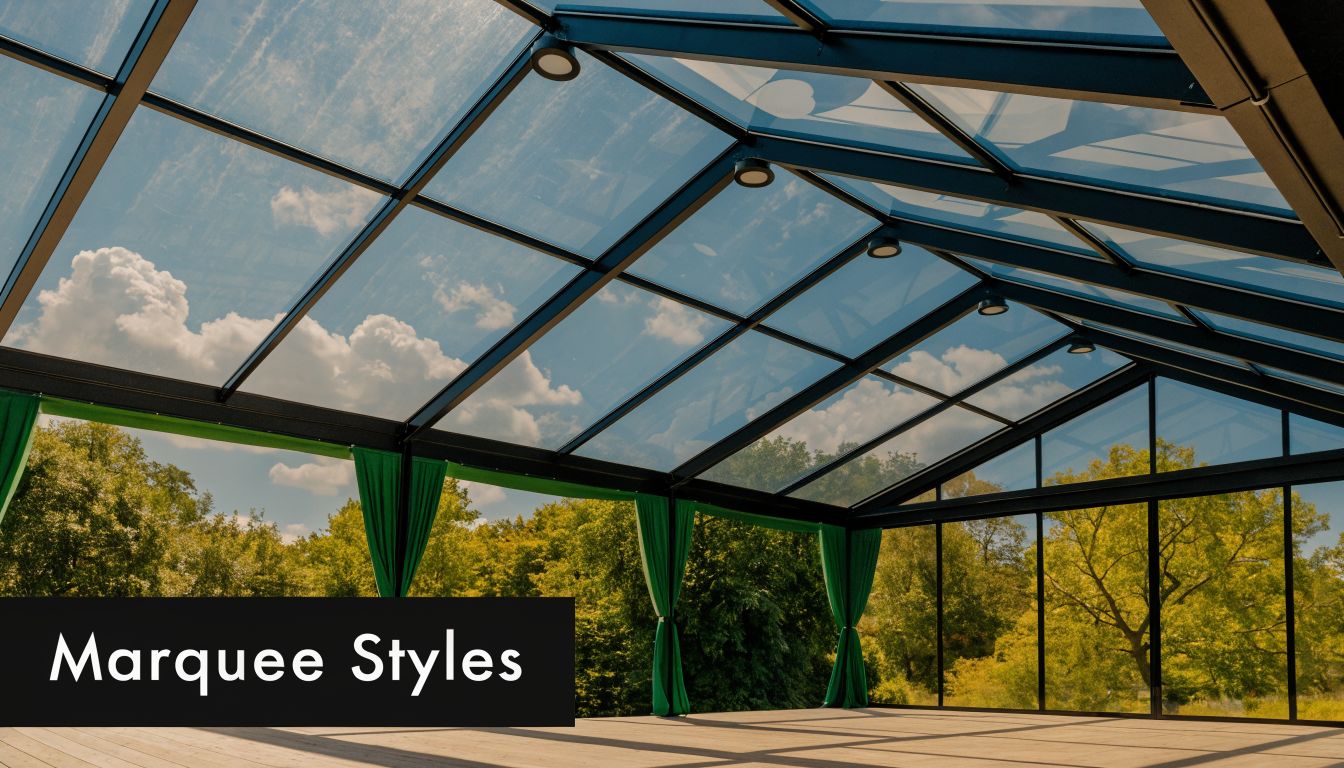 A modern glass-roofed garden party tent with green curtains overlooking a sunny forest landscape during daytime.