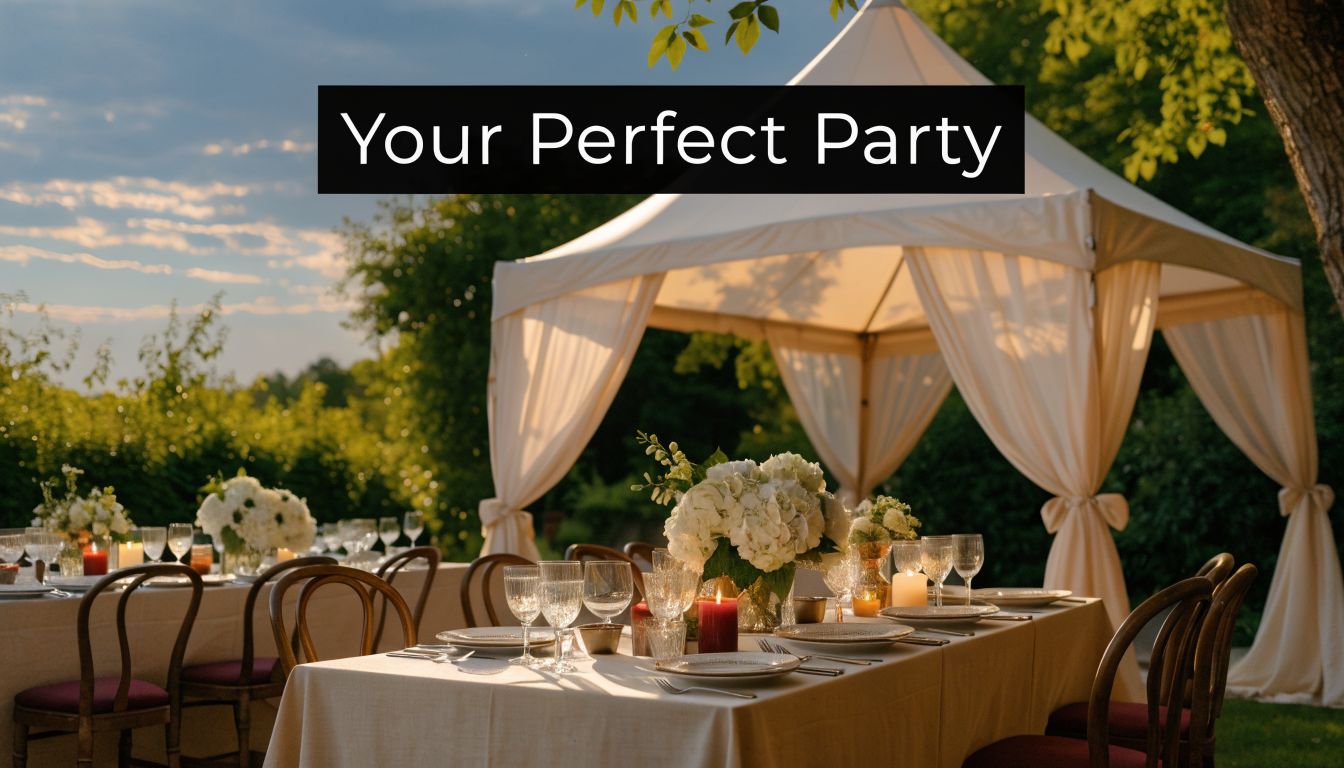 An elegant outdoor dining setup under a white marquee tent in a lush green garden setting.