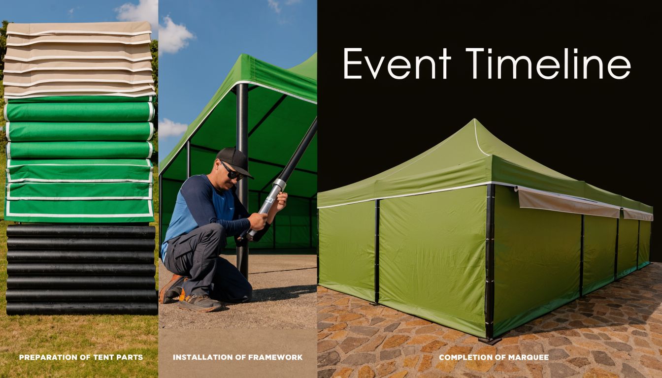 A composite image showing the three stages of setting up a green garden marquee party tent.