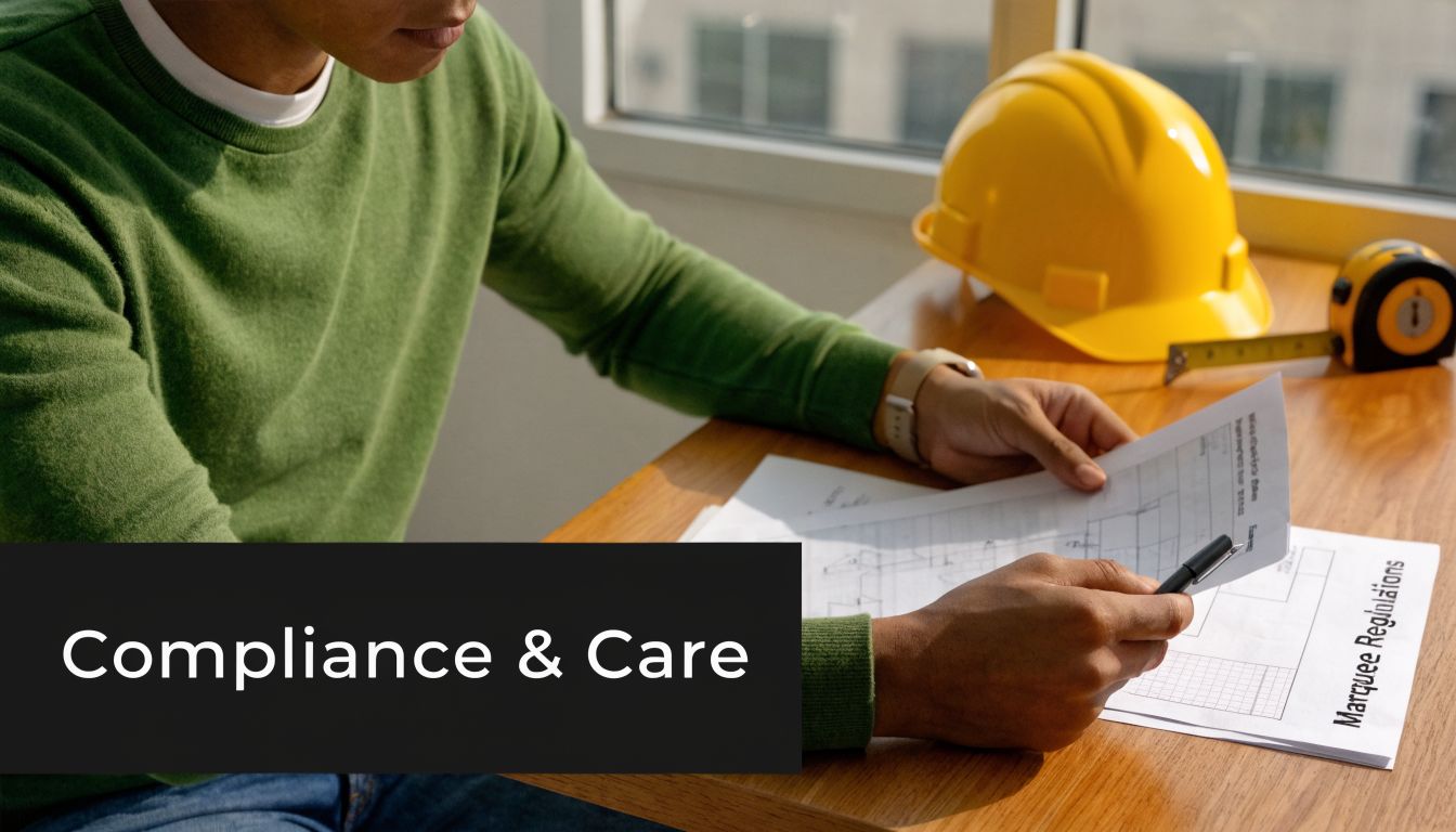 A person reviewing construction documents and marquee regulations while seated at a wooden desk with a hard hat.