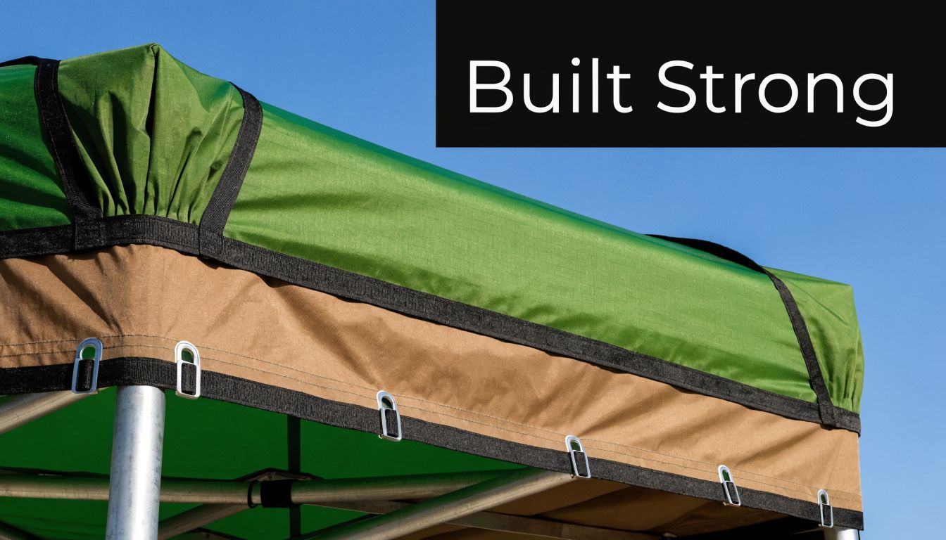 A close-up view of a green and tan heavy duty marquee canopy with metal frame and grommets.