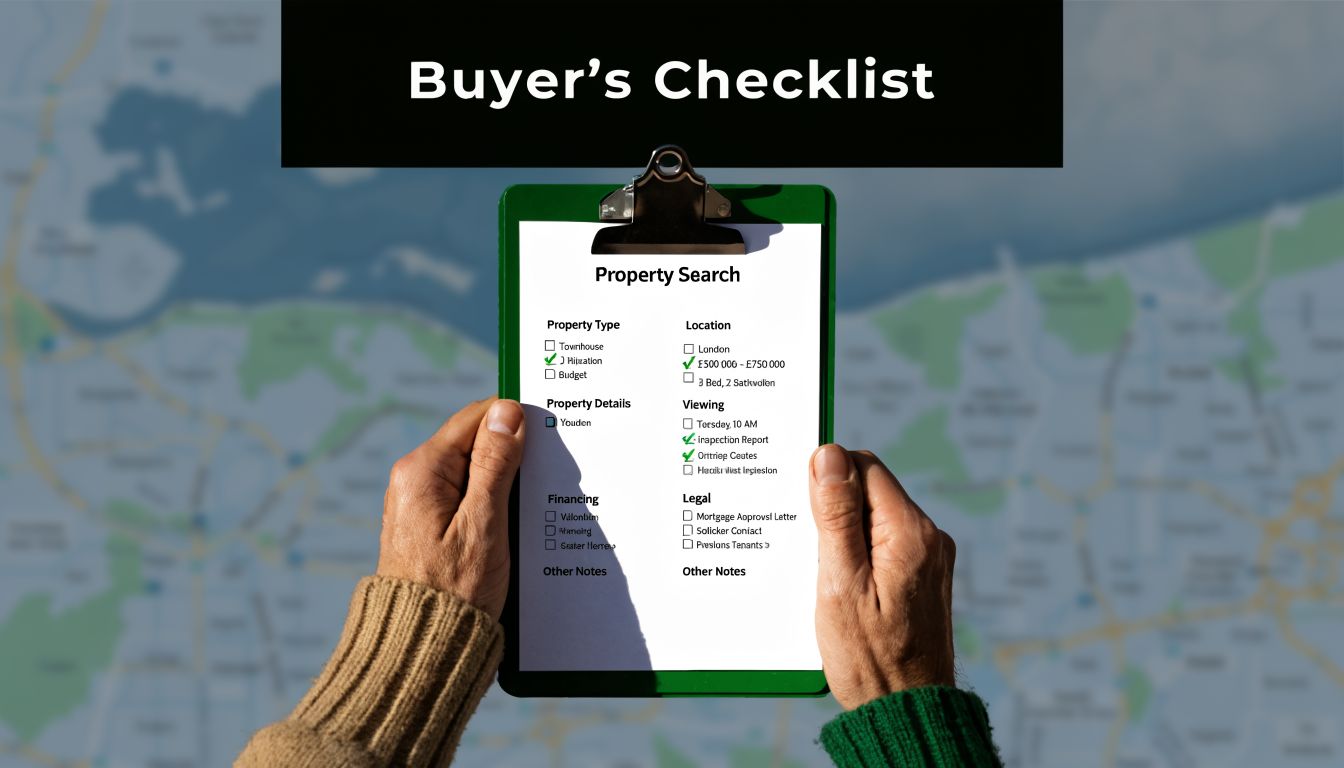 A person holding a clipboard with a buyer's property search checklist against a map background.
