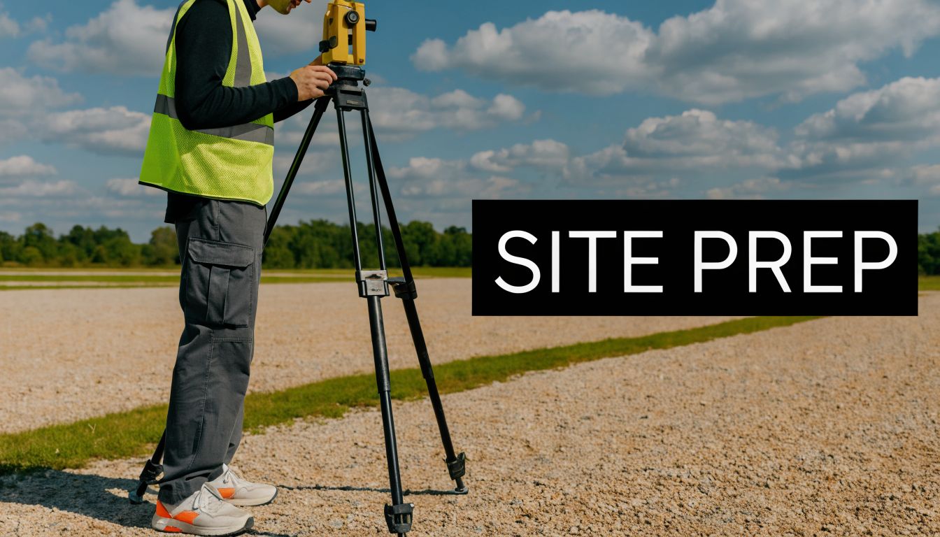 A land surveyor in a high-visibility vest uses surveying equipment on a gravel field at a construction site.