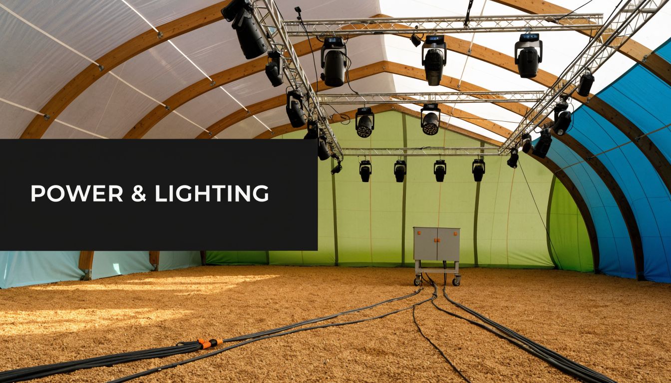 A professional stage lighting truss suspended in a large marquee tent with a power distribution unit.