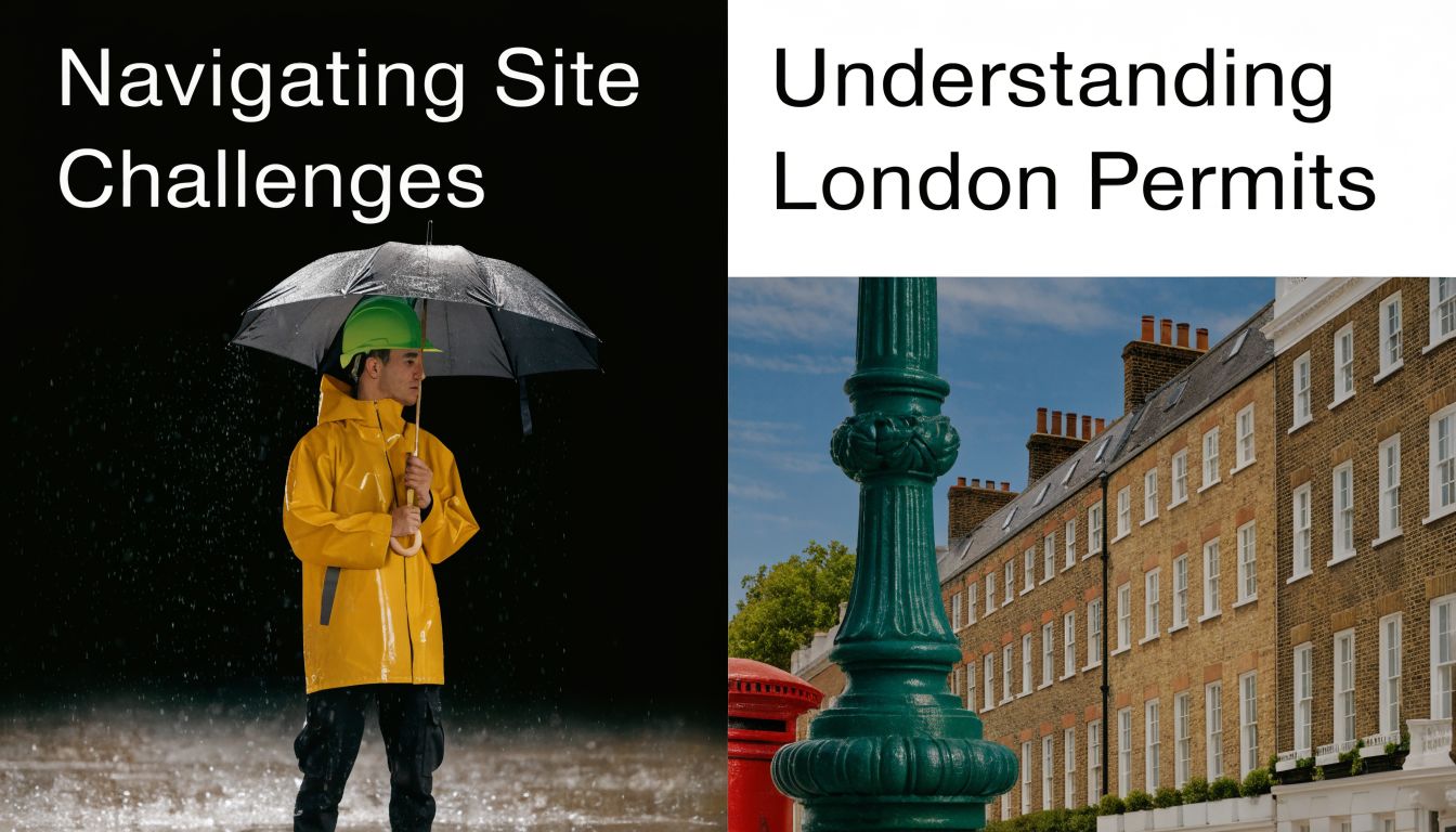 A split image showing a person in a yellow raincoat during rain and classic London townhouses.