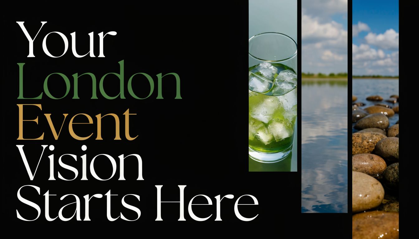 A professional marketing graphic with elegant typography promoting London event planning services with nature-themed imagery.