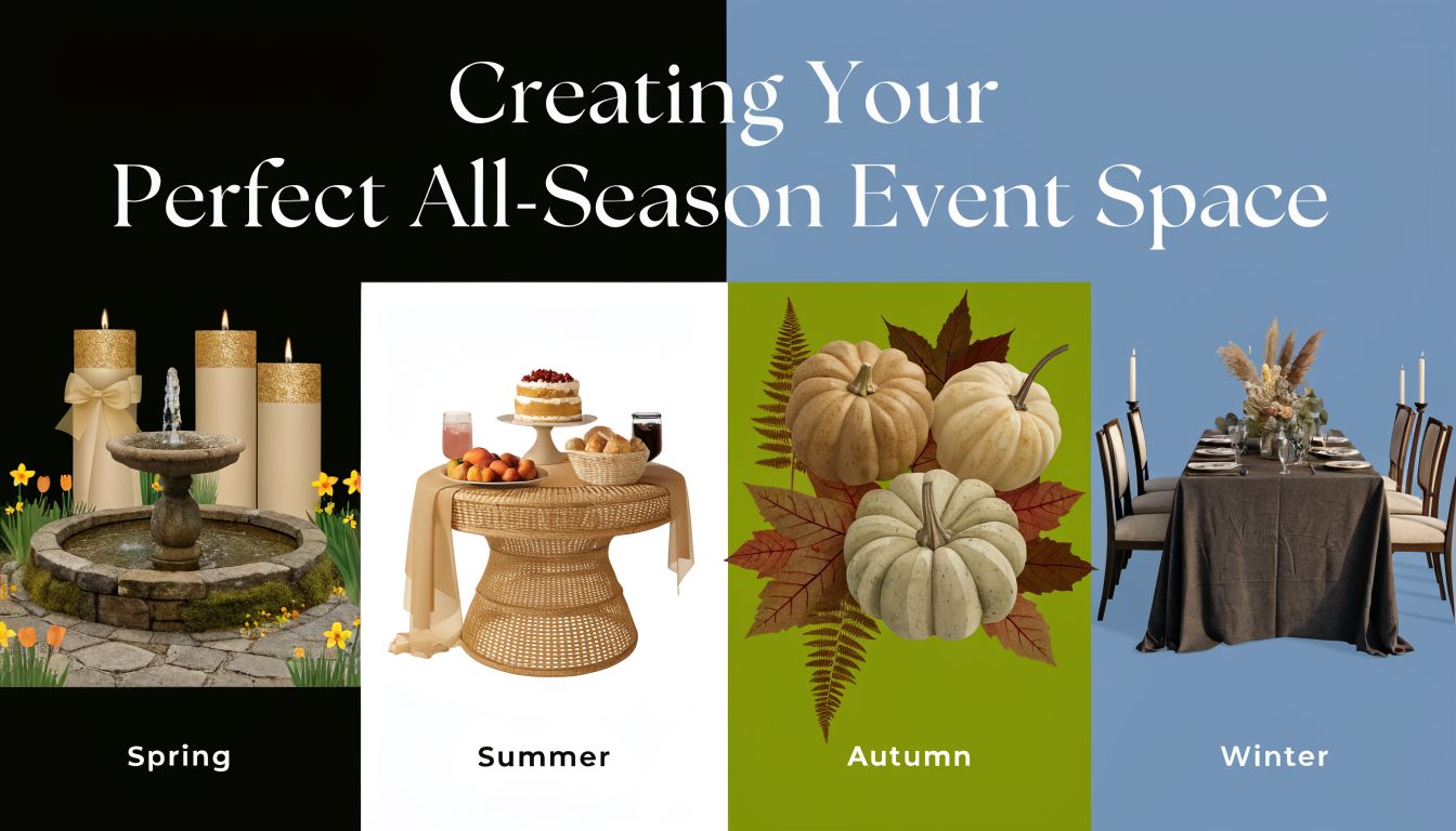 A collage showing event decor themes for four seasons including a garden fountain, summer table, autumn pumpkins, and winter dining.