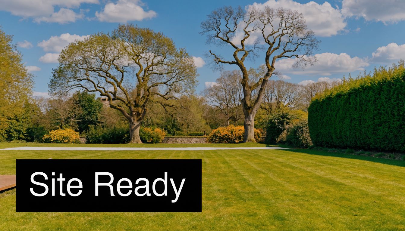 A wide shot of a mown grassy meadow with two large trees under a clear blue sky.
