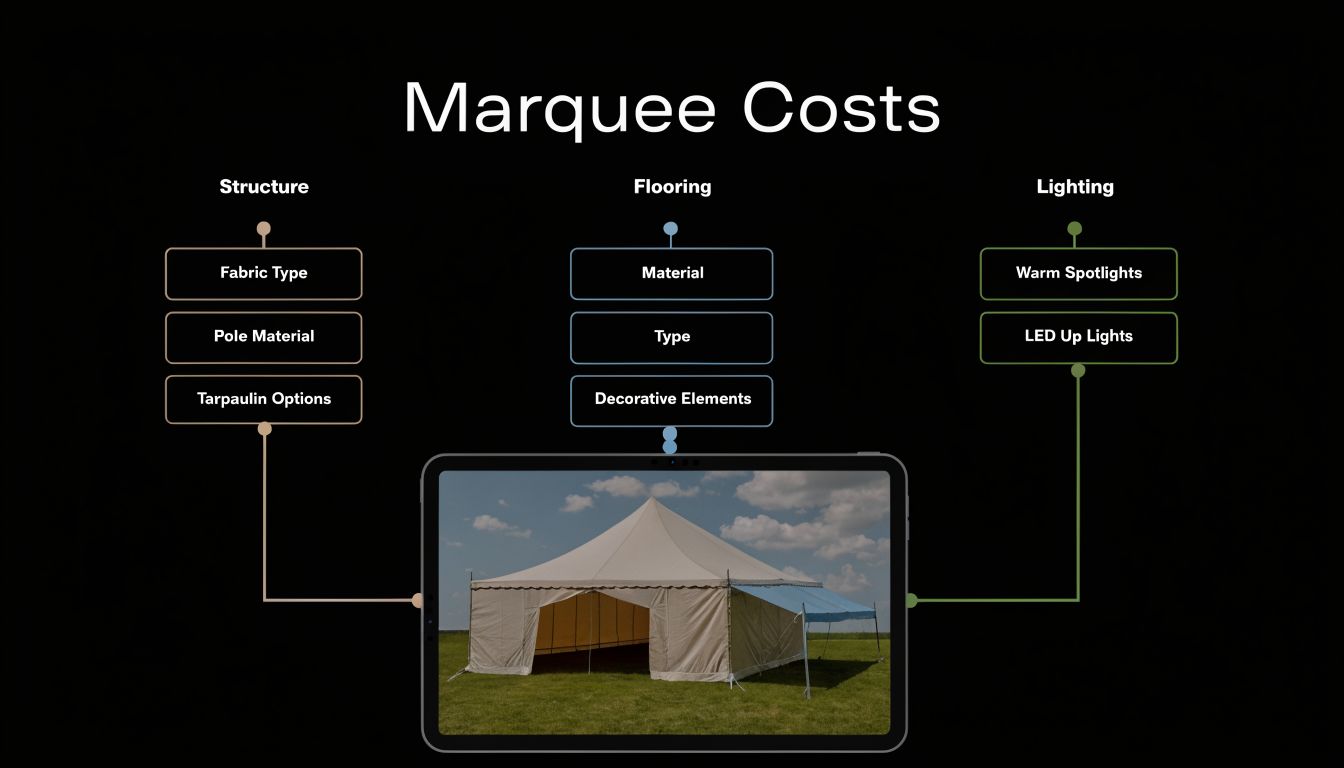 A diagram illustrating the cost factors for hiring a marquee, including structure, flooring, and lighting components.