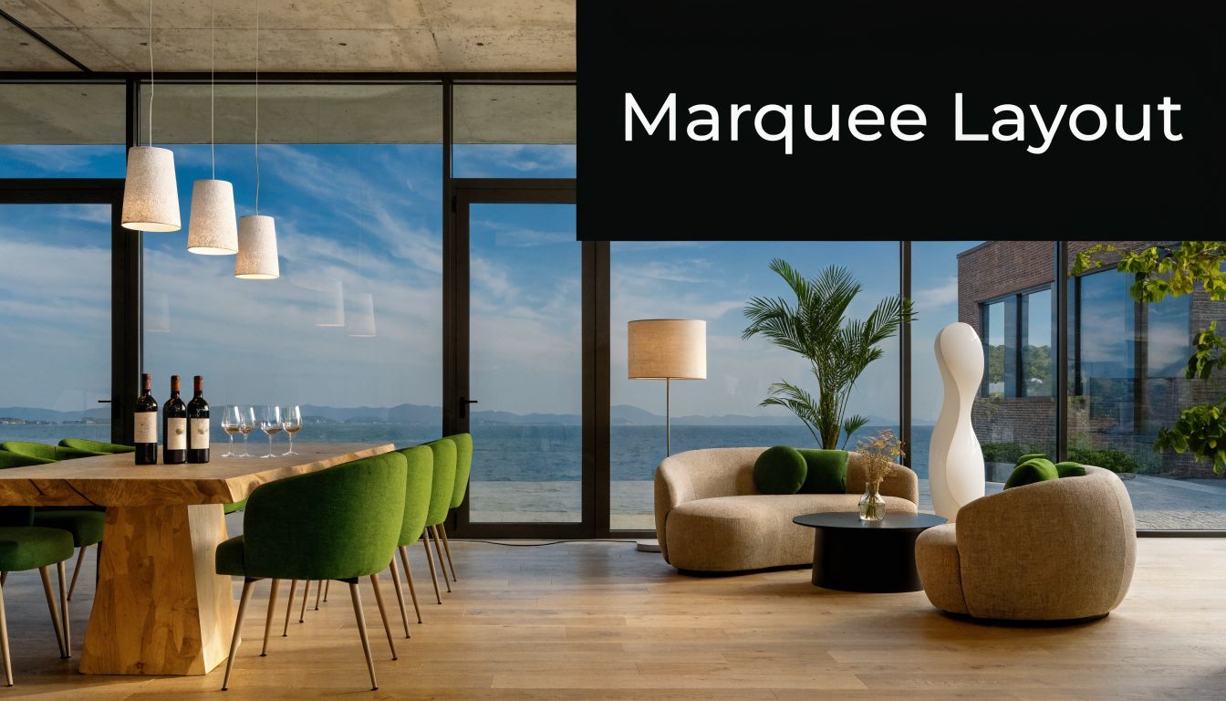 A luxurious dining and living area with floor-to-ceiling windows overlooking a serene ocean view.
