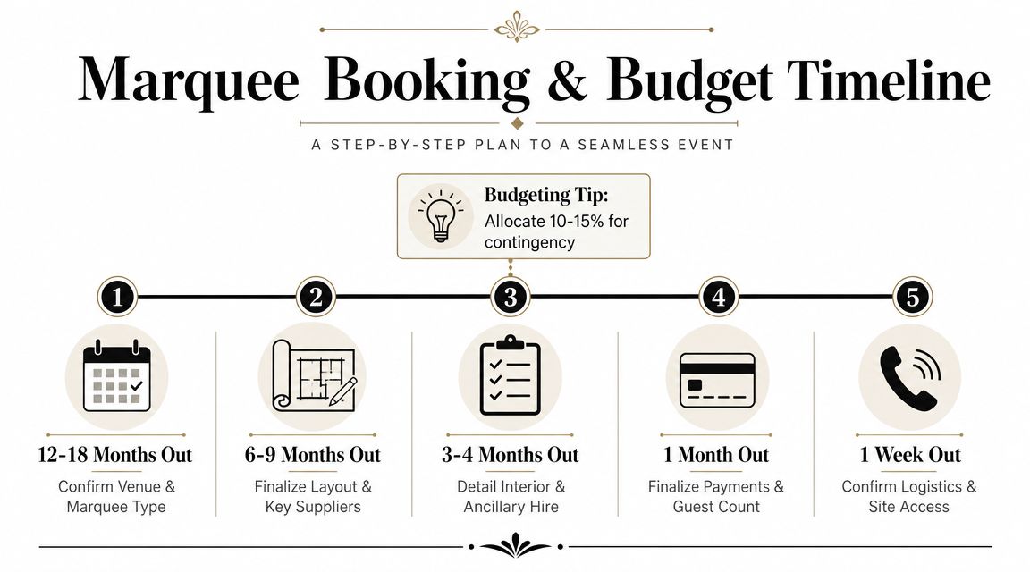 A step-by-step timeline graphic for planning and booking a marquee event over an eighteen month period.