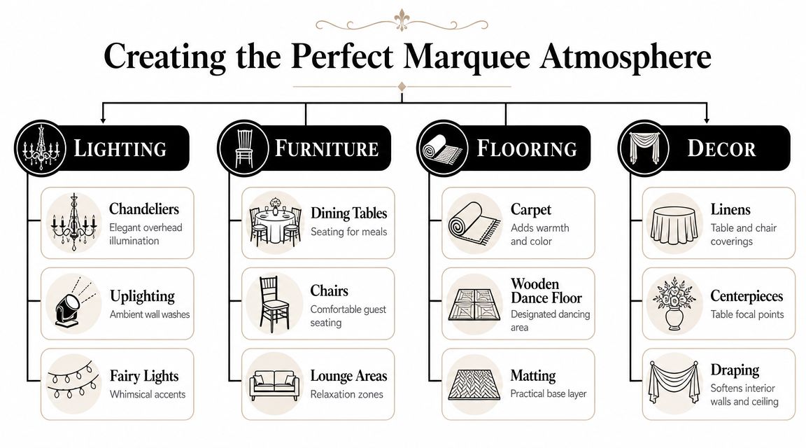 A flowchart infographic outlining four key elements for creating the perfect marquee atmosphere: lighting, furniture, flooring, and decor.