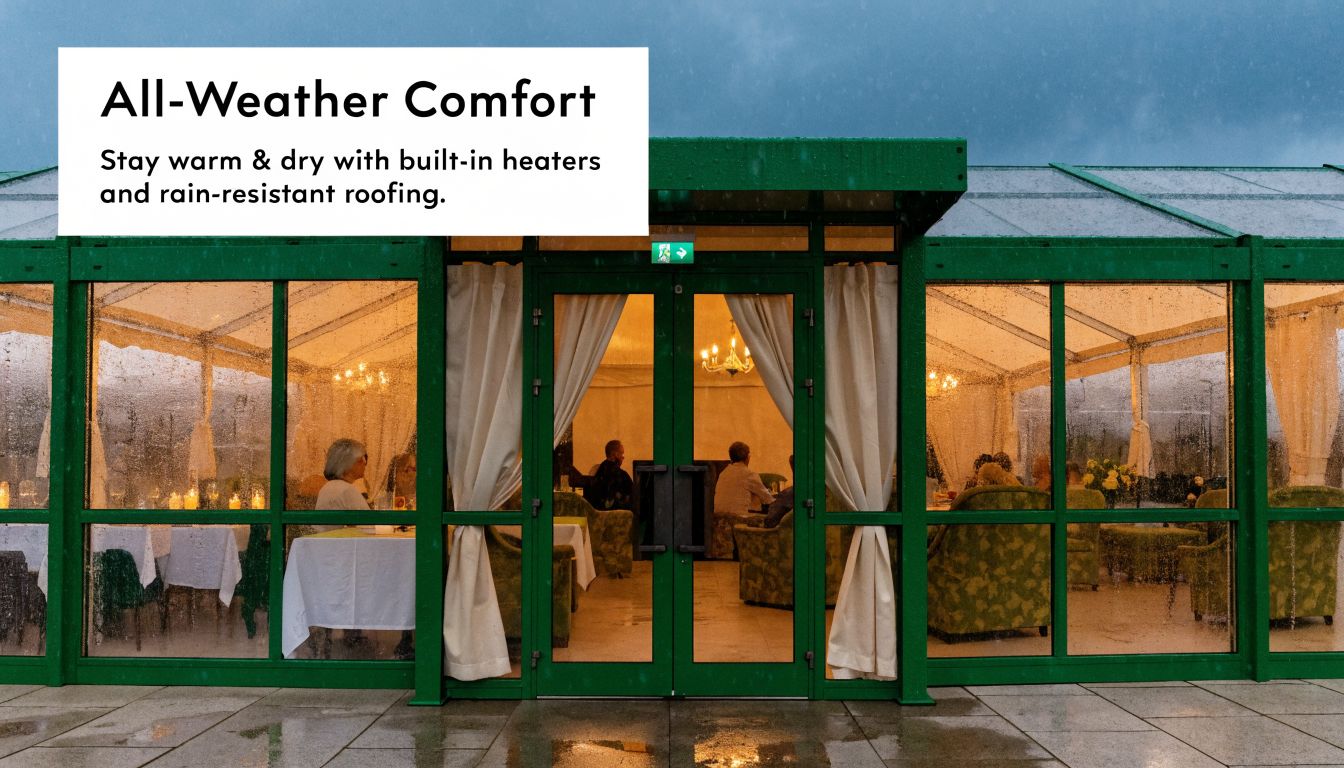 A cozy, rain-covered marquee structure with warm lighting inside, featuring dining tables and comfortable seating.