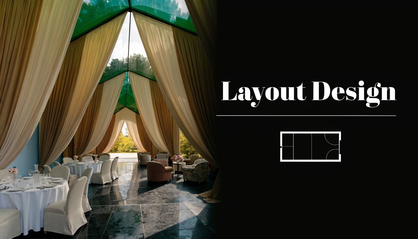 A sophisticated event marquee with elegant drapery, formal dining tables, and a floor plan illustration.