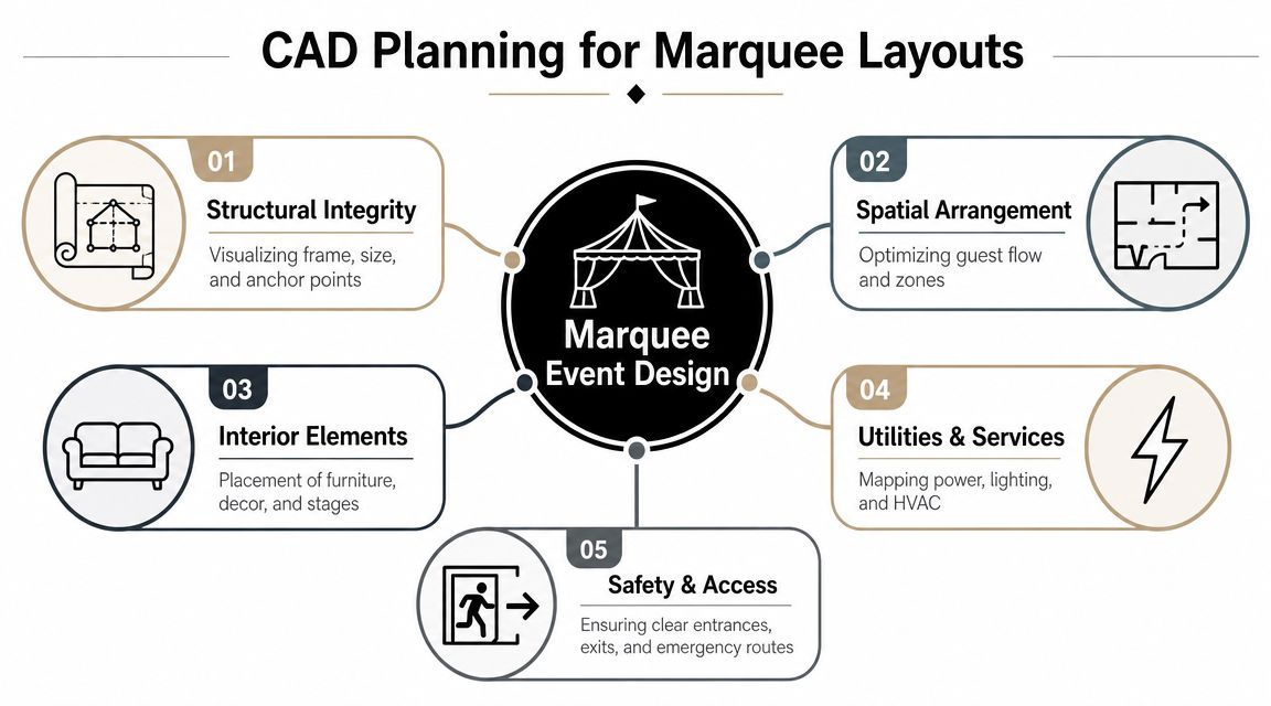 A diagram illustrating the five essential elements of CAD planning for professional marquee event design layouts.