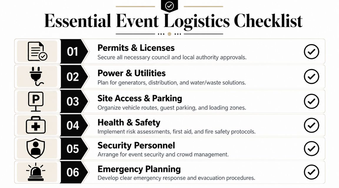 A checklist infographic titled Essential Event Logistics Checklist showing six key steps for planning outdoor events.