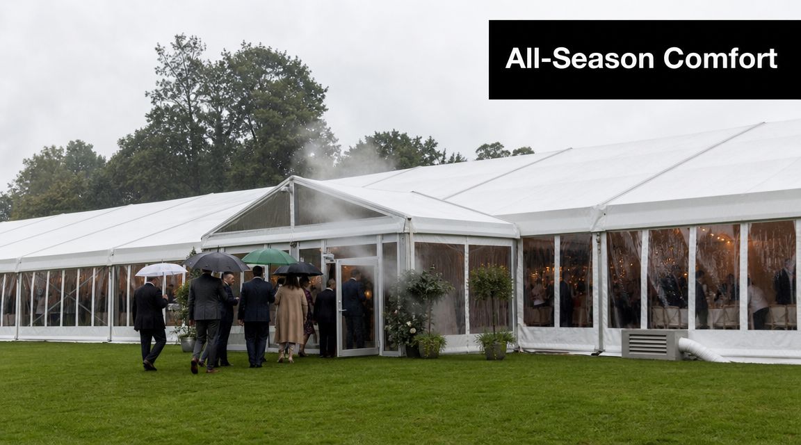 Guests walking into a large event marquee tent during a rainy day with mist at the entrance.
