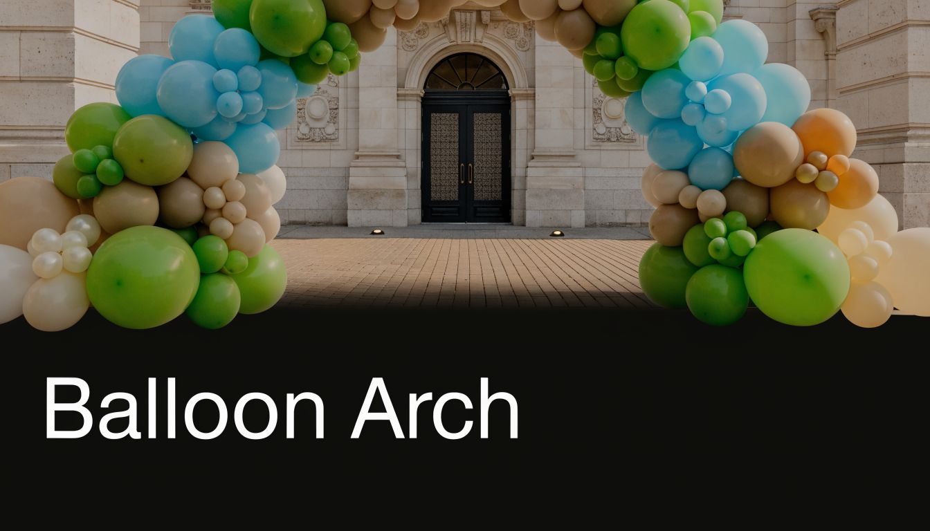 A decorative balloon arch made of green, blue, and tan balloons framing an elegant arched entryway.