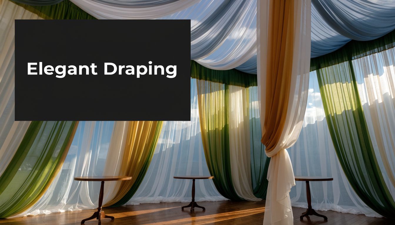 A sophisticated event space featuring elegant green, yellow, and white fabric draping with round wooden tables.
