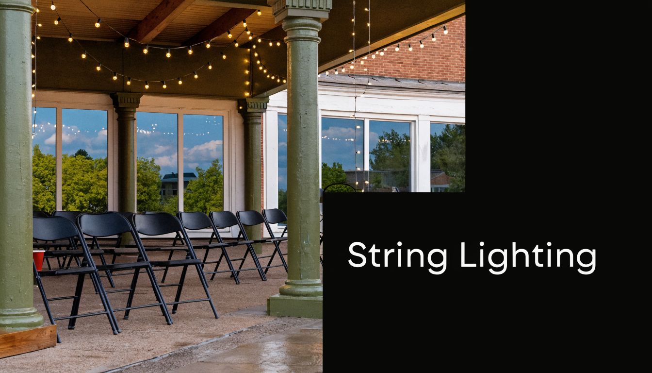 An outdoor covered patio area decorated with string lights above rows of black folding chairs.