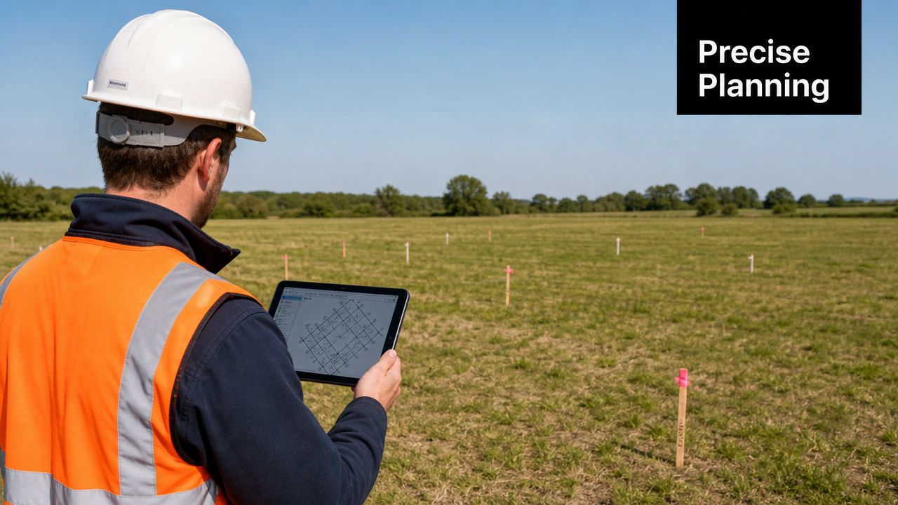 A surveyor in a high-visibility vest and hard hat using a digital tablet in a field.