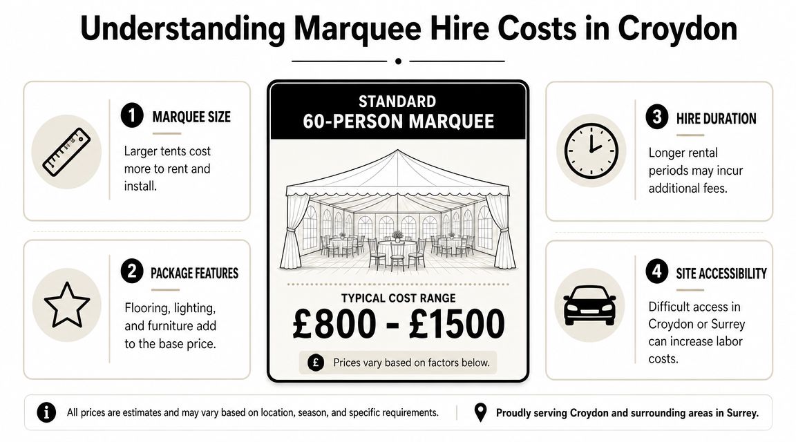 An infographic detailing the factors influencing the cost of hiring a 60-person marquee in Croydon.