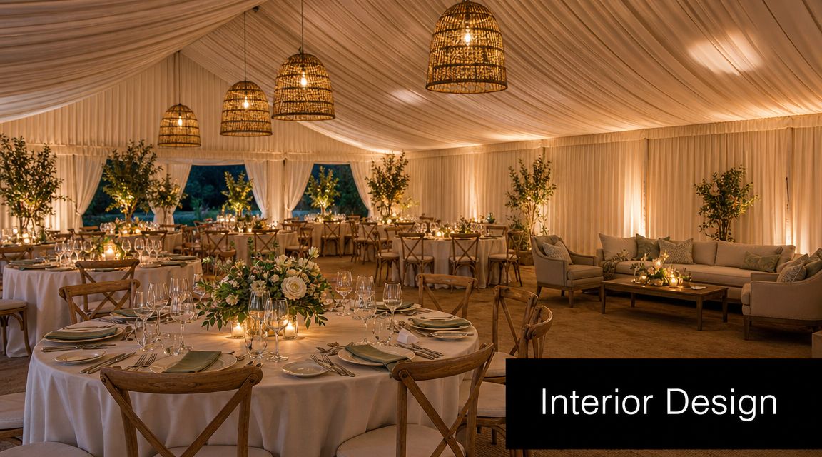 A beautifully decorated wedding marquee with round tables, floral centerpieces, warm lighting, and a cozy lounge area.