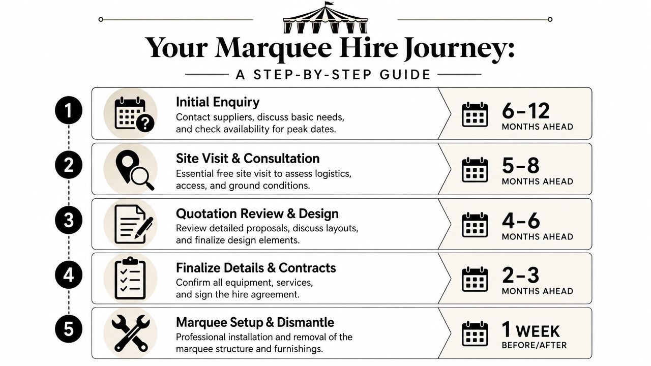 A five-step infographic showing the timeline for planning and hiring a marquee for events.
