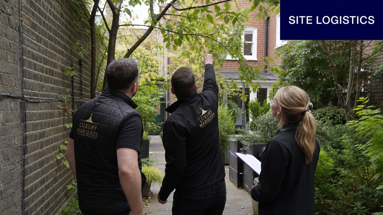 A professional team from Luxury Marquees conducting a site visit and logistics assessment in a garden area.