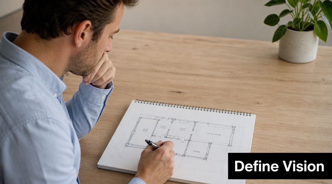A professional man drawing architectural floor plans for a marquee design on a wooden desk.