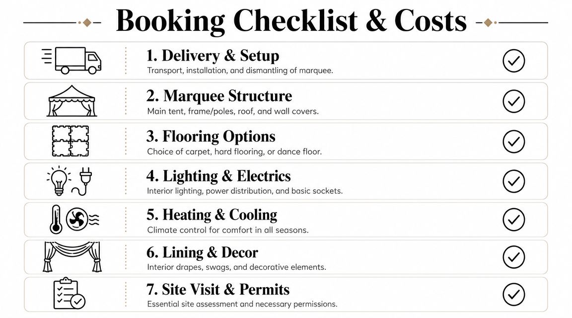 A comprehensive checklist for marquee hire covering delivery, structure, flooring, lighting, climate control, decor, and site permits.