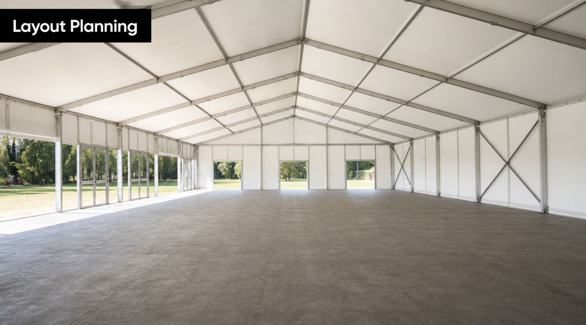 A spacious, empty marquee structure with white fabric walls and ceiling set up for an outdoor event.