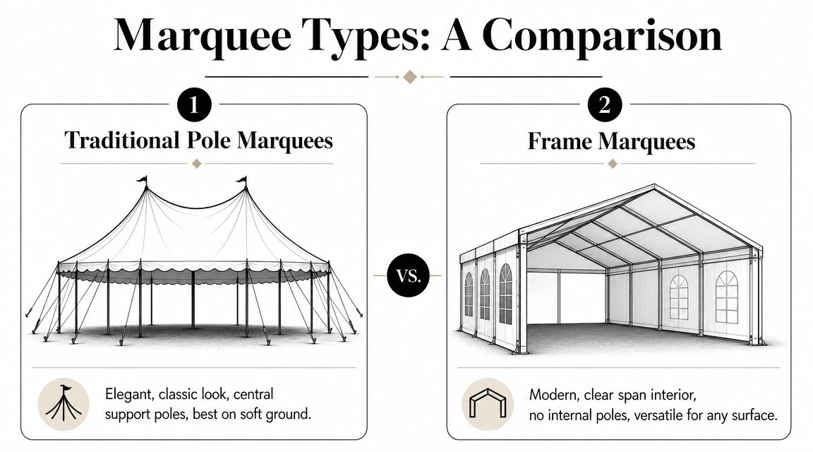 A comparison infographic showing Traditional Pole Marquees versus Frame Marquees for event venue selection.