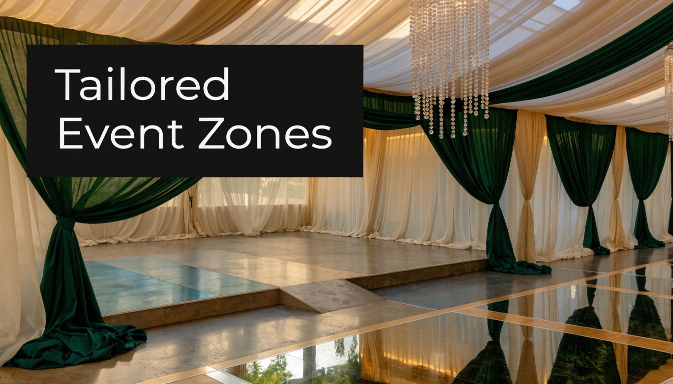 A luxurious event marquee featuring elegant cream and forest green drapery, chandeliers, and polished flooring sections.