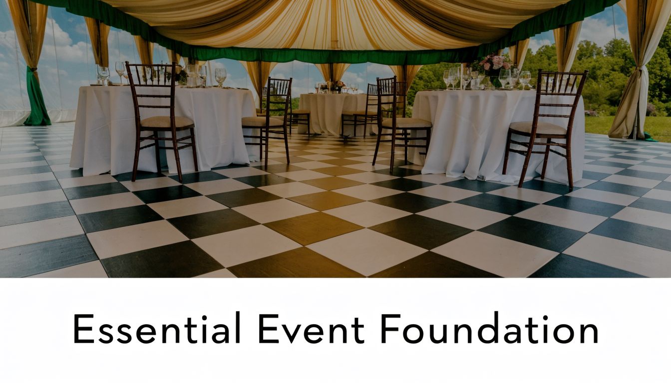 A luxurious marquee tent featuring a black and white checkered floor, set for an elegant outdoor event.