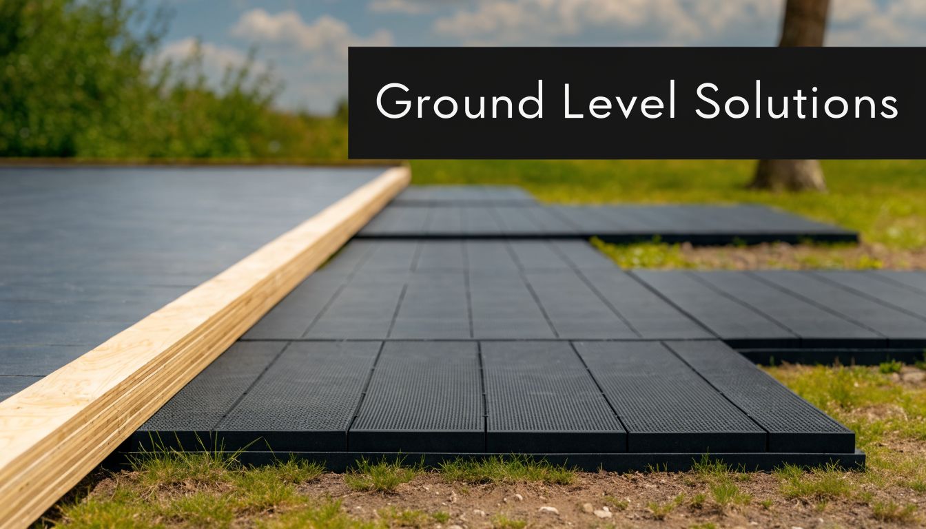 A close-up view of modular black flooring panels being installed on a grassy outdoor ground surface.