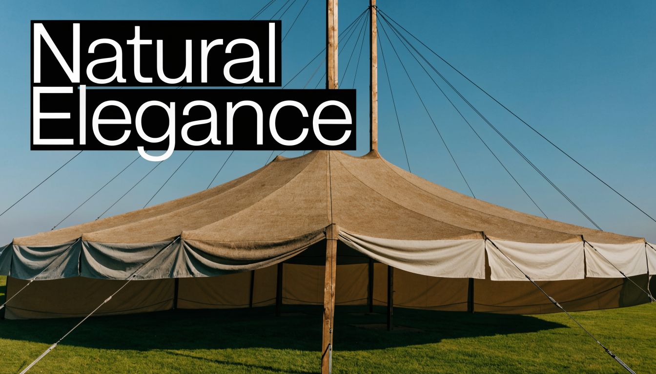 A traditional pole marquee tent made of natural tan canvas fabric standing on a grassy field.