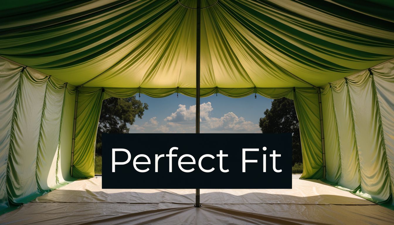 A view from inside a green traditional pole marquee looking out at a sunny blue sky.