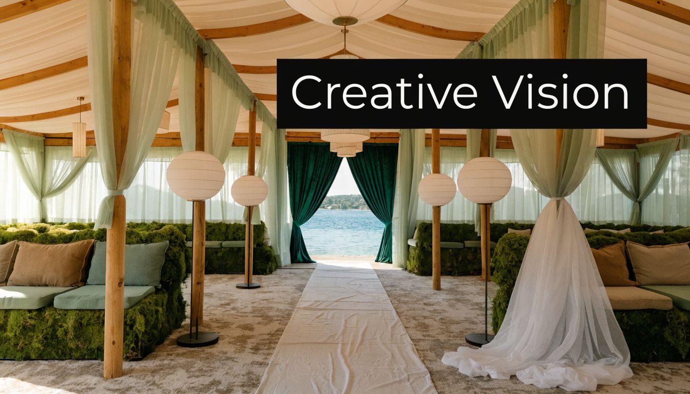 A luxurious seaside wedding ceremony venue inside a decorated marquee with moss sofas and draped curtains.