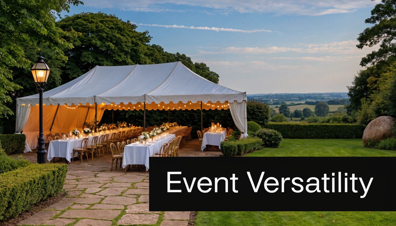 A elegant outdoor marquee tent set up for a scenic garden wedding or event reception.