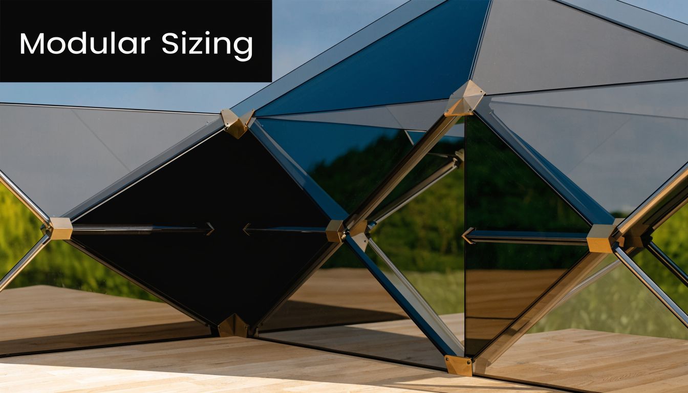A modular architectural structure made of tinted glass panels and gold metal connectors on a wooden platform.