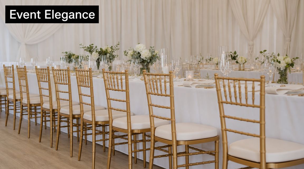 A line of elegant gold Chiavari chairs arranged along a long white banquet table for an event.