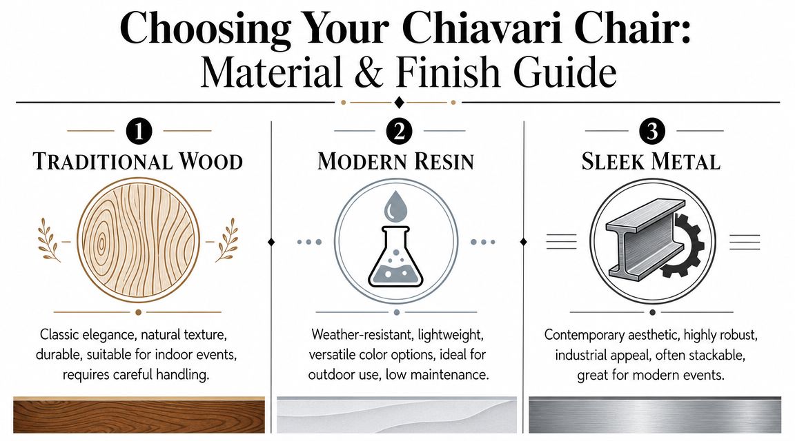 An educational guide comparing the materials and finishes of traditional wood, modern resin, and sleek metal Chiavari chairs.