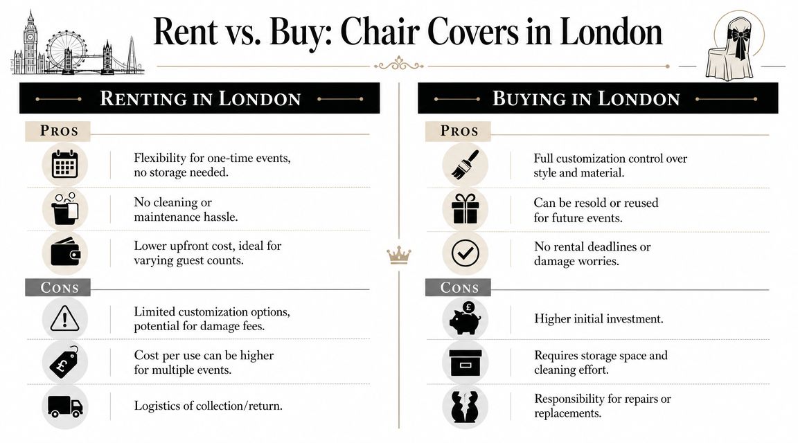 A comparison infographic detailing the pros and cons of renting versus buying chair covers in London.